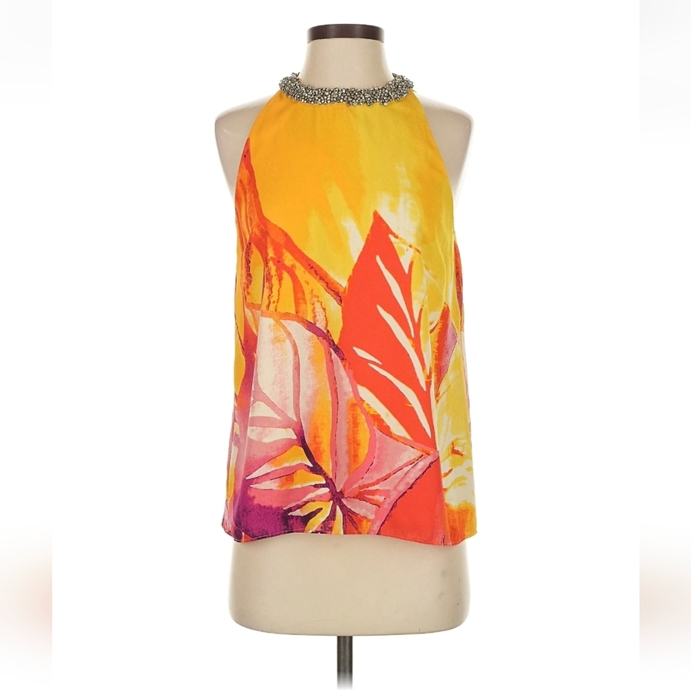 💎 Jennifer Lopez Yellow & Pink Tropical Halter Top with Rhinestone Neckline 💎